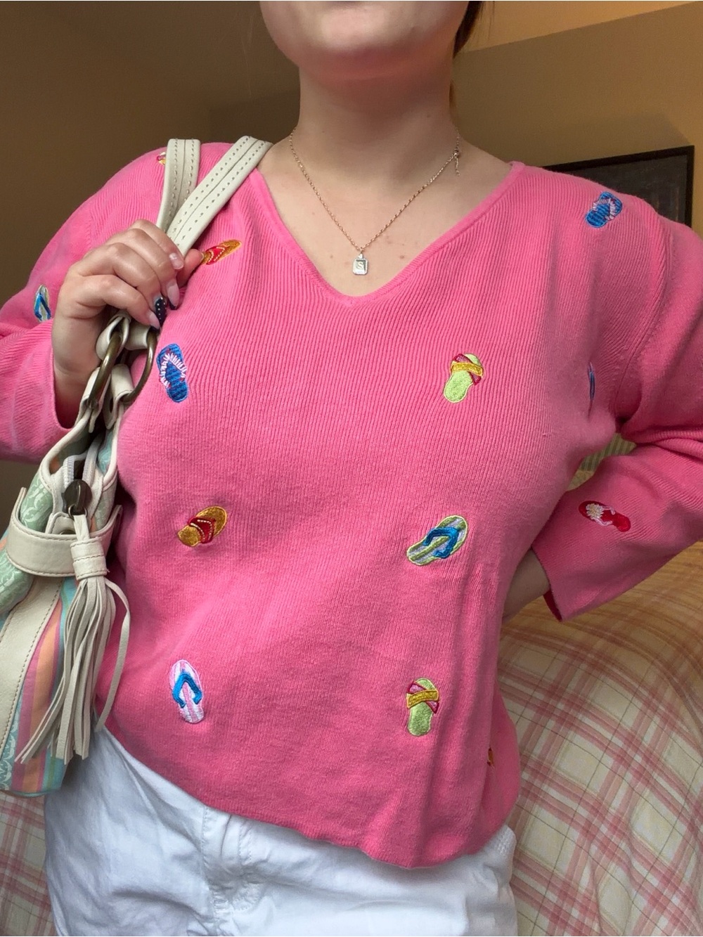 Pink V Neck Sweater with Embroidered Flip Flops
